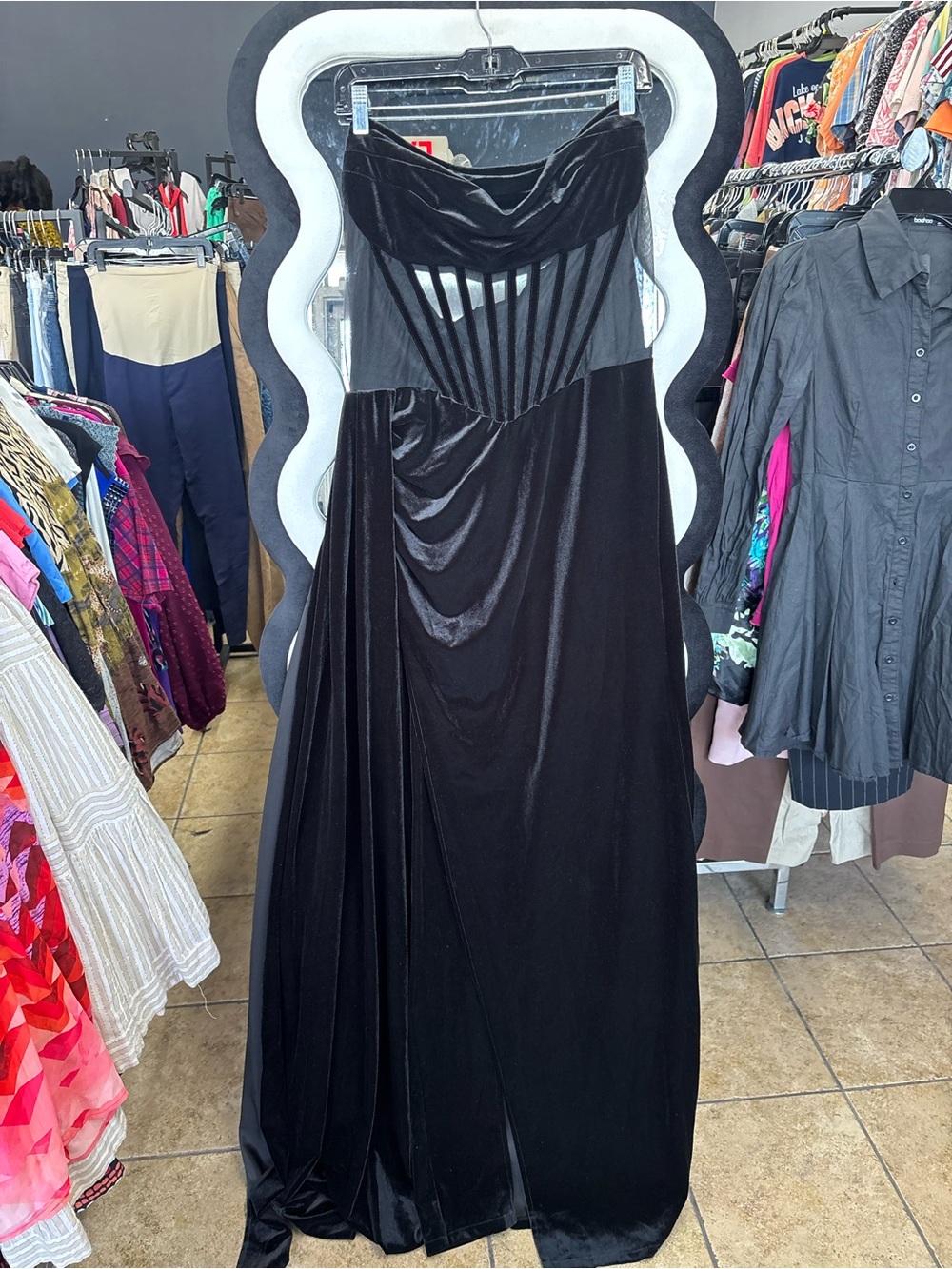 Strapless Black Velvet Prom Gown
